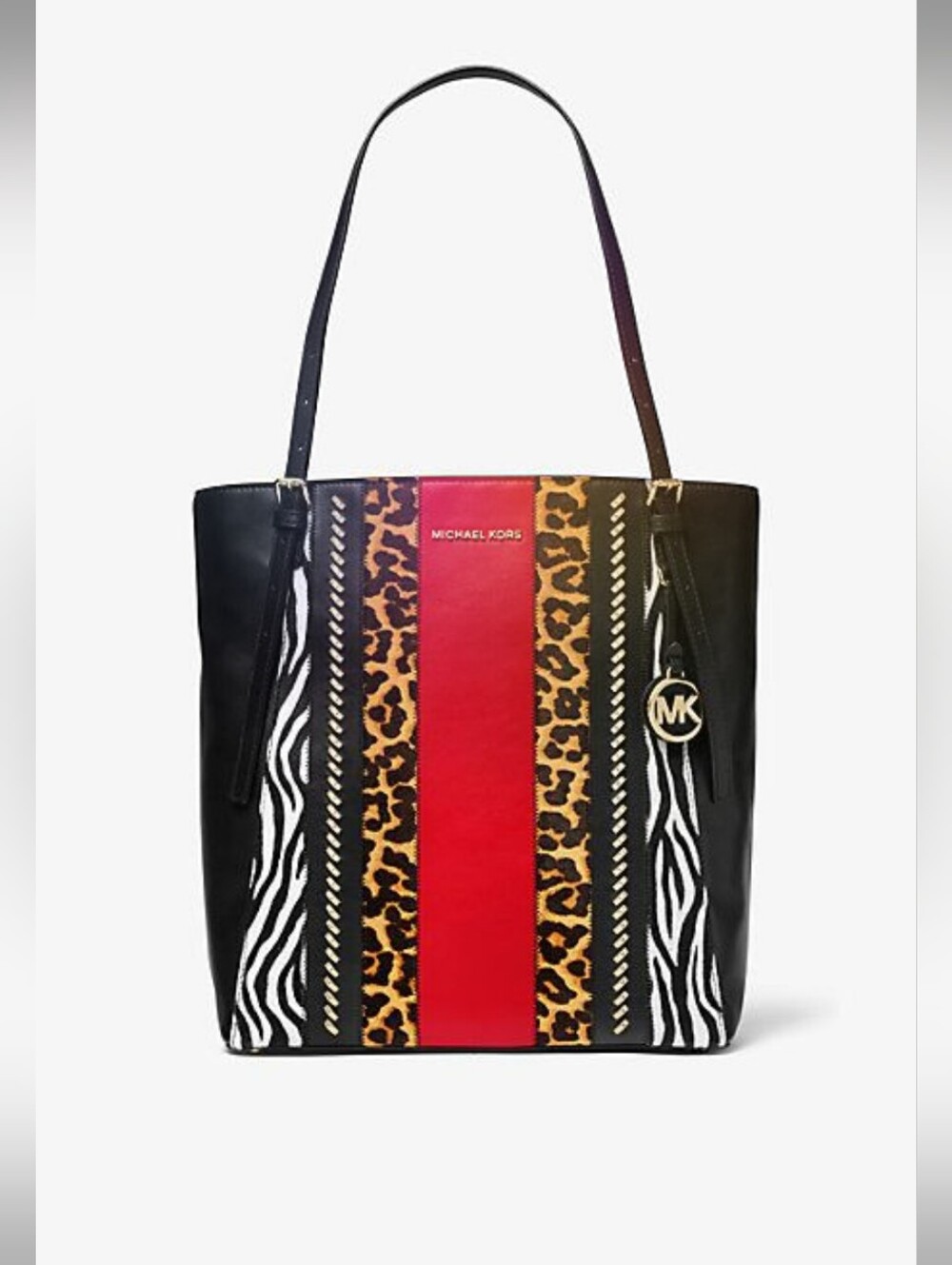 Michael Kors Black Tote with Red Stripe and Animal Print Accents